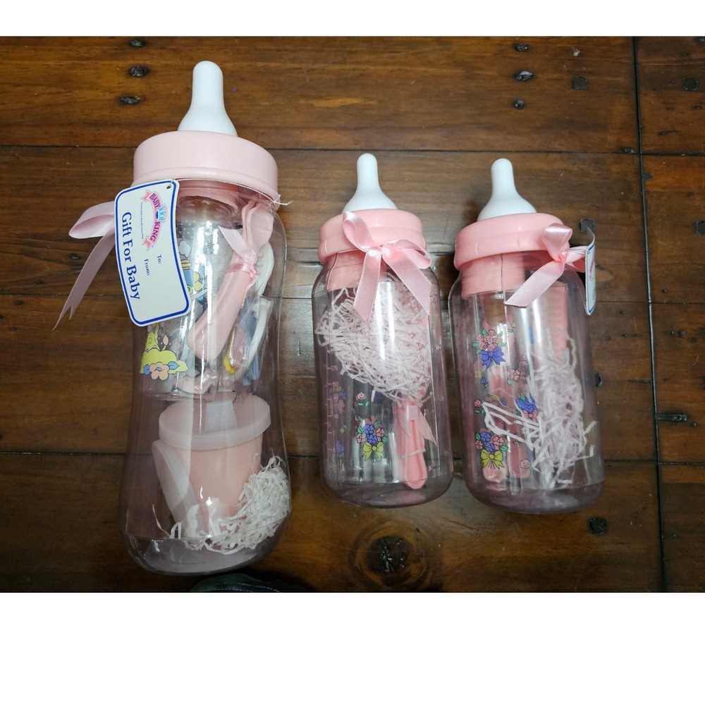 Vintage Baby King Pink Bottle Bank Gift Sets 11pc & 6pc 1997 2002 Nursery Lot